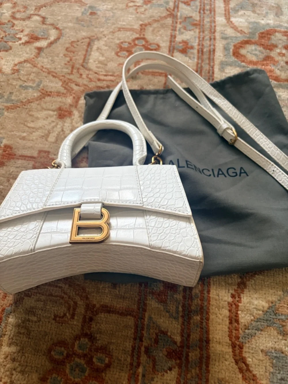 Balenciaga White Croc-Embossed Mini Hourglass Top Handle Bag with Gold 'B' - Picture 2 of 4